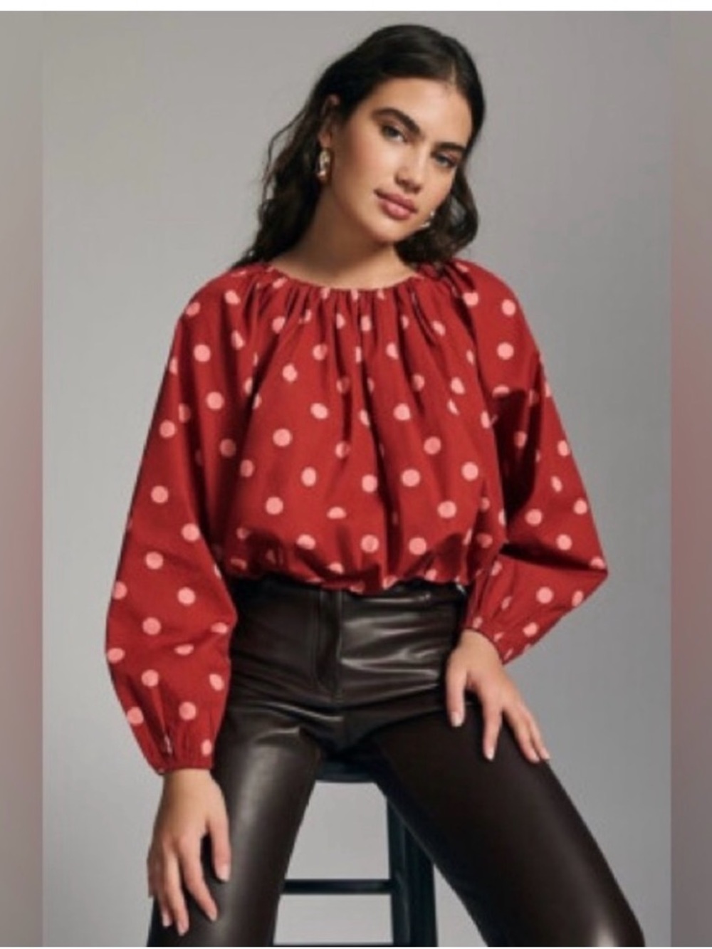 Maeve Red Blouse with Pink Polka Dots